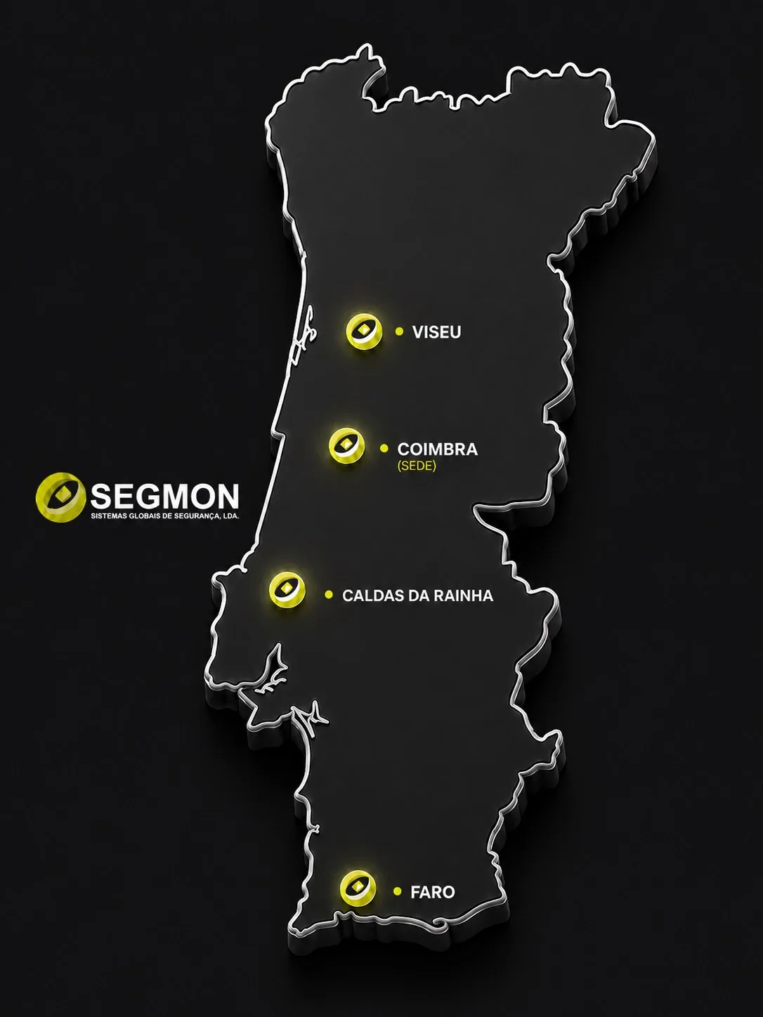 Mapa de Portugal com as quatro delegações da SEGMON assinaladas