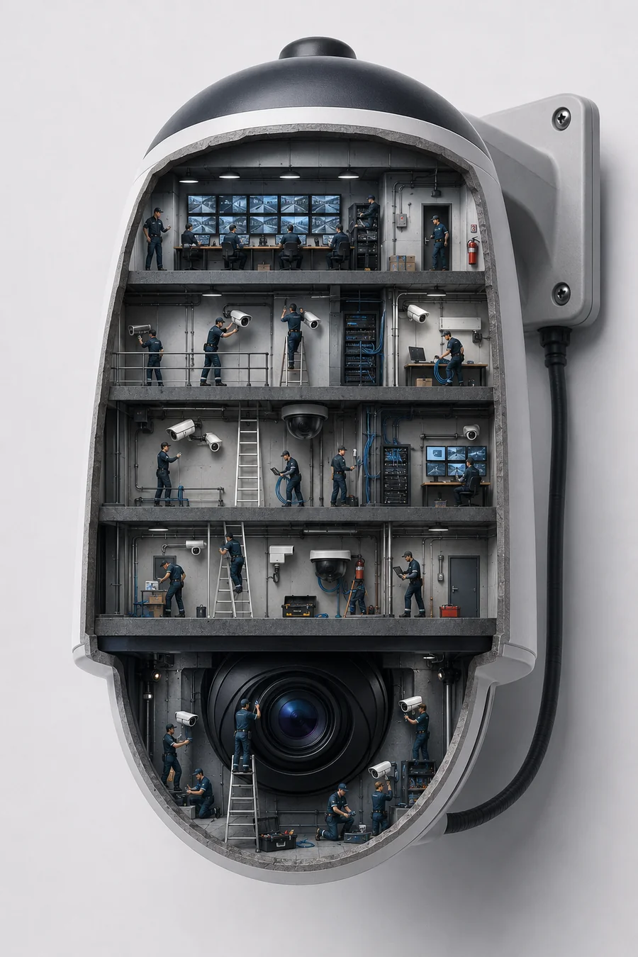 Ilustração artística de uma câmara de videovigilância em corte, com técnicos em miniatura a instalar e monitorizar o sistema