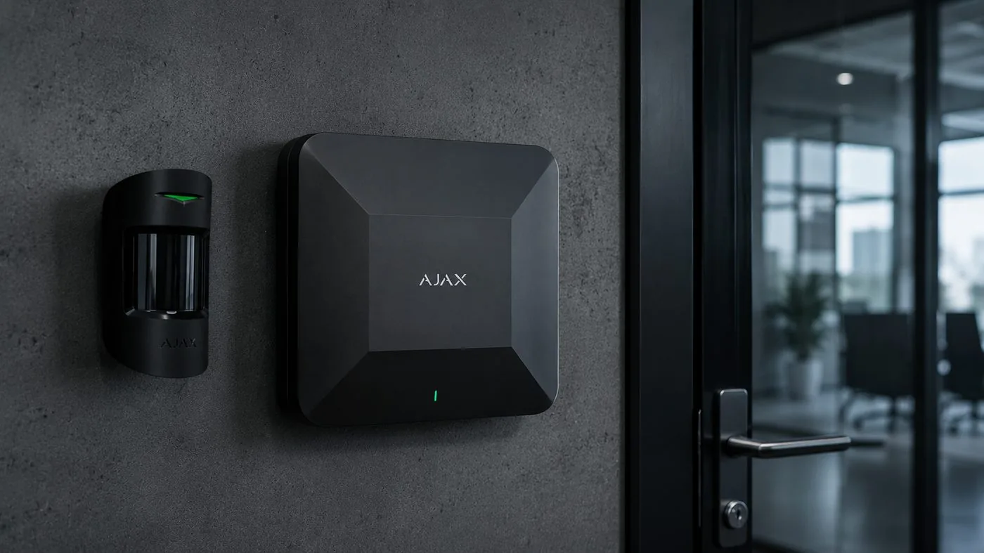 Central de alarme e detetor de movimento Ajax Systems junto a uma porta de escritório