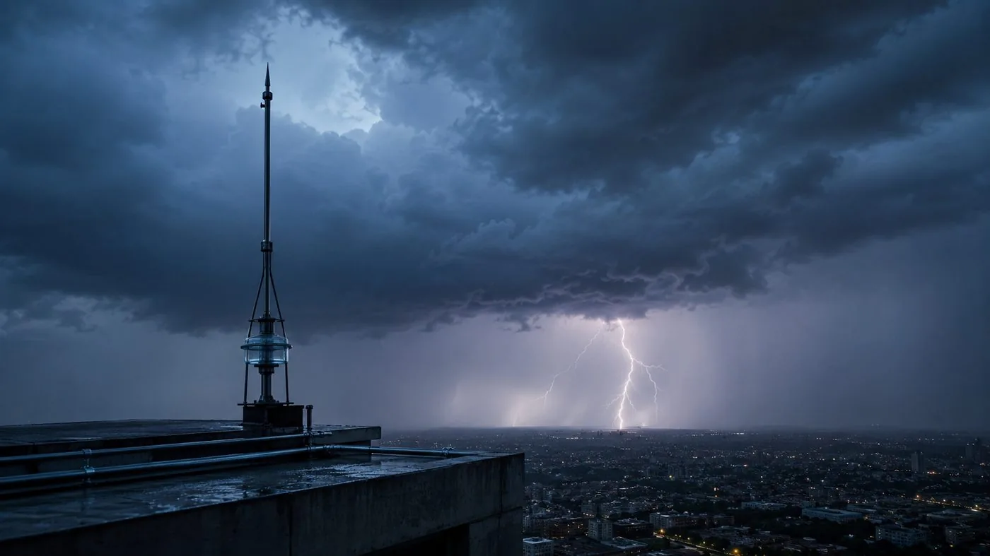 Para-raios no telhado de um edifício, com trovoada ao fundo