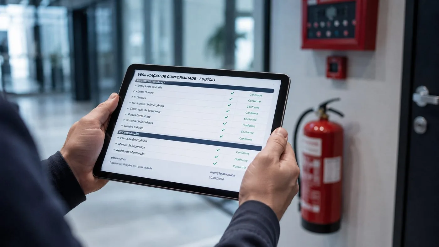 Verificação de conformidade num tablet, junto a um extintor e central de incêndio