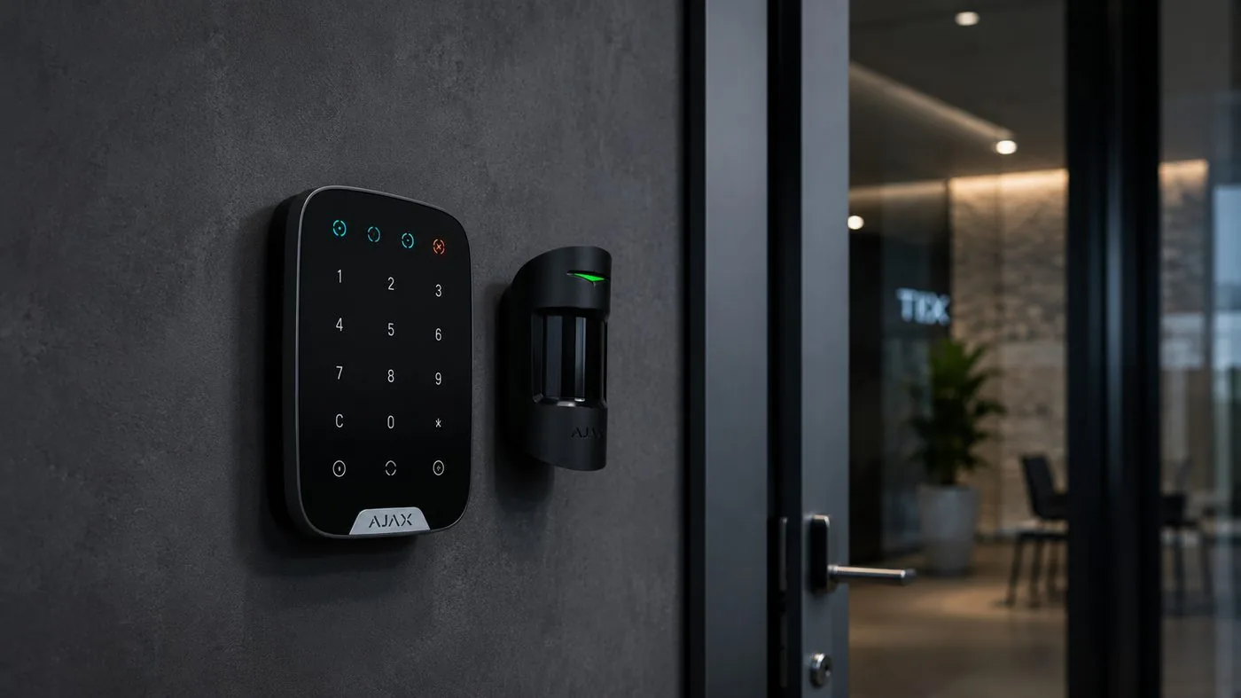Teclado de alarme e detetor de movimento Ajax Systems junto a uma porta