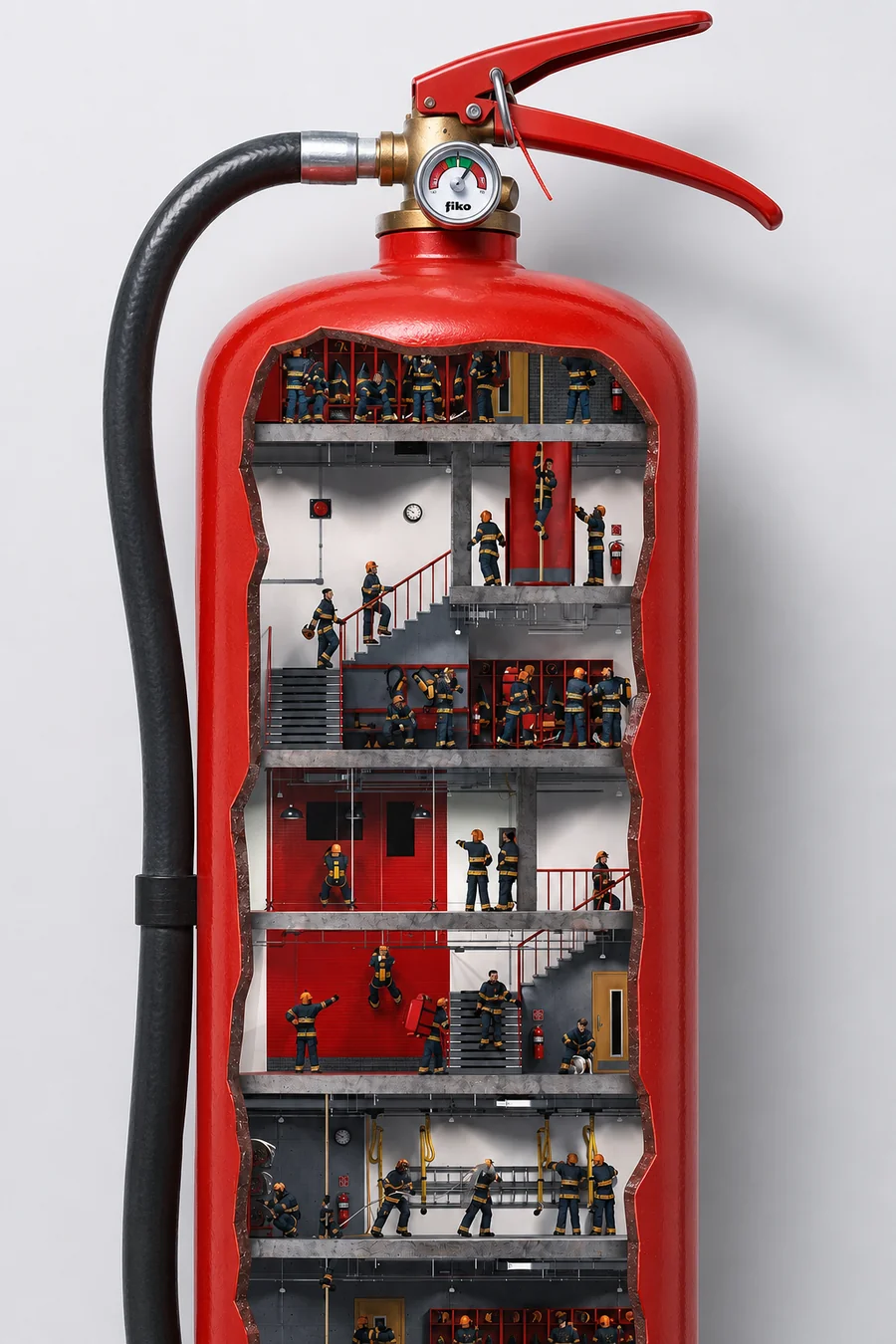 Ilustração artística de um extintor em corte, com uma equipa de bombeiros em miniatura a operar dentro dele